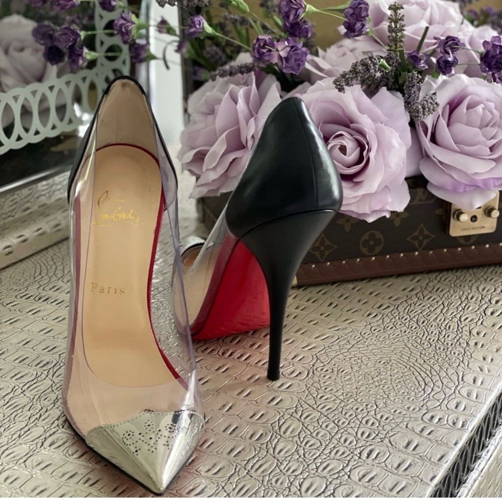 Christian Louboutin Clear Pvc Pointed Stiletto With Black Heel And Red Sole